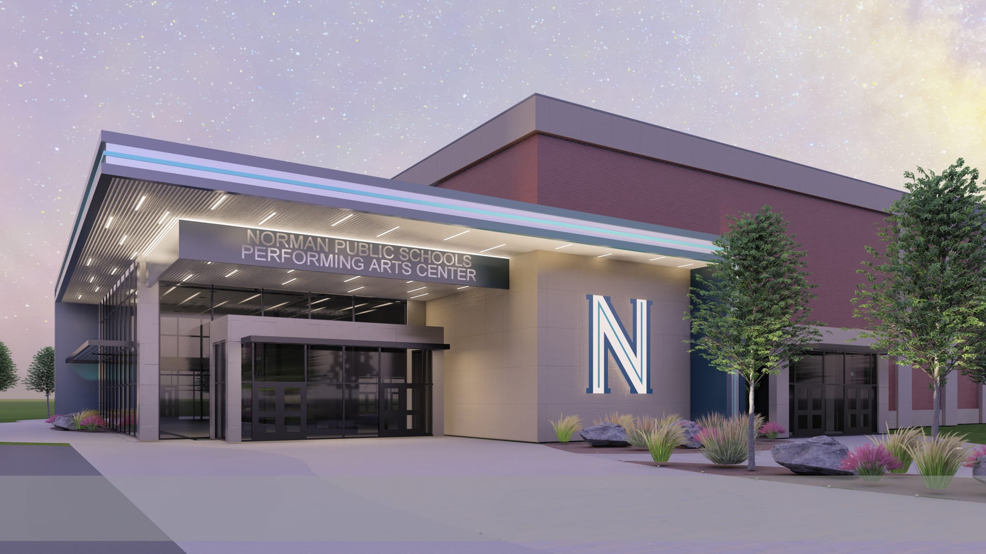 A rendering of the upcoming performing arts center for Norman Public Schools.