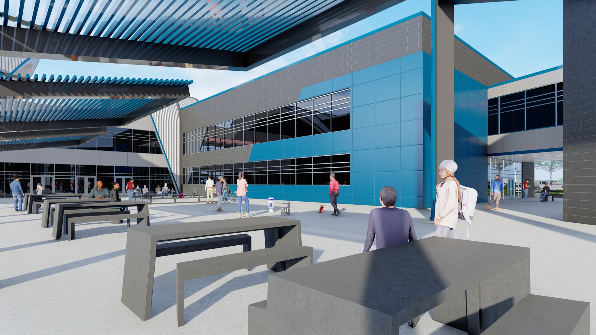 A rendering of the upcoming outdoor dinning area in the Oklahoma Aviation Academy for Norman Public Schools.
