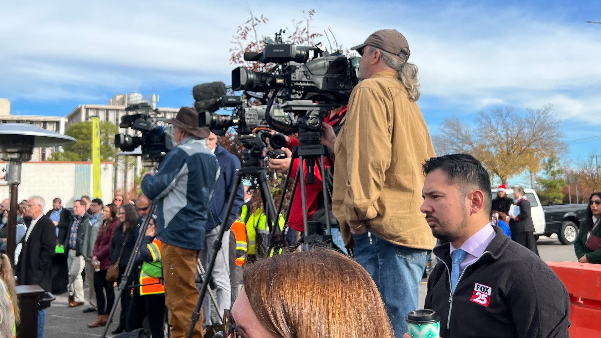 News coverage happening at the EMBARK RAPID bus line launch.