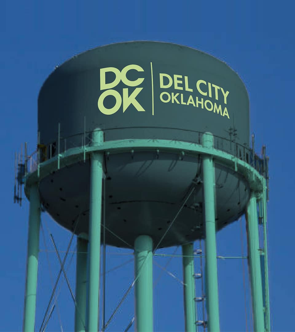 The Del City logo mocked up on a water tower.