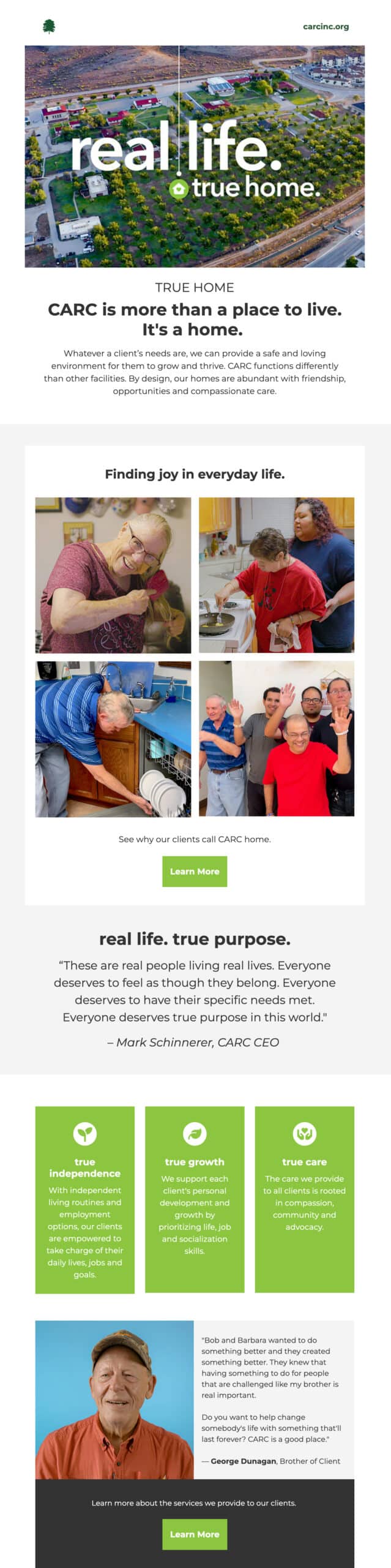 Koch Comm's designed donor email for CARC, INC.